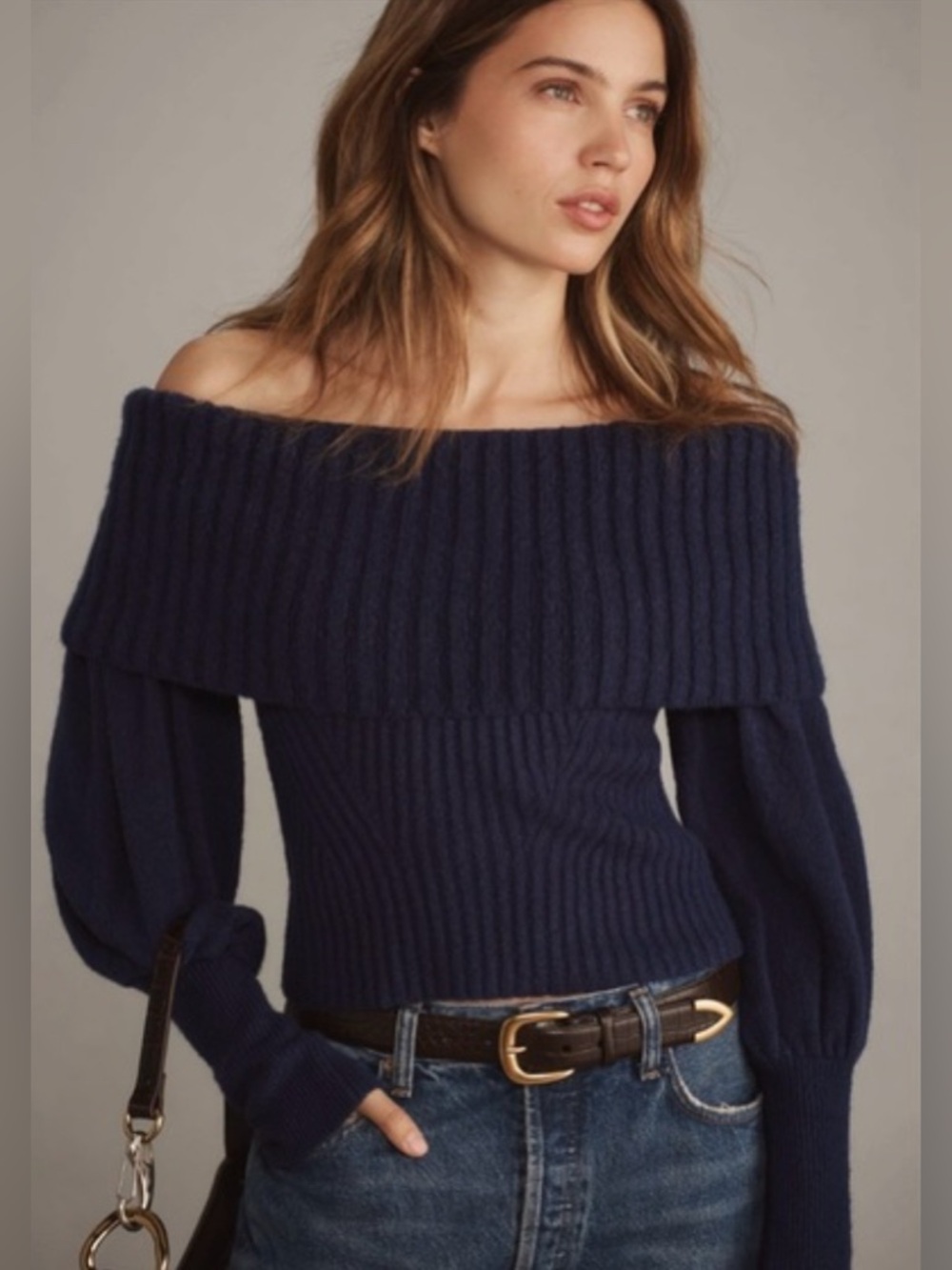 Anthropologie The Tessa Off-The-Shoulder Puff-Sleeve Sweater Navy Medium